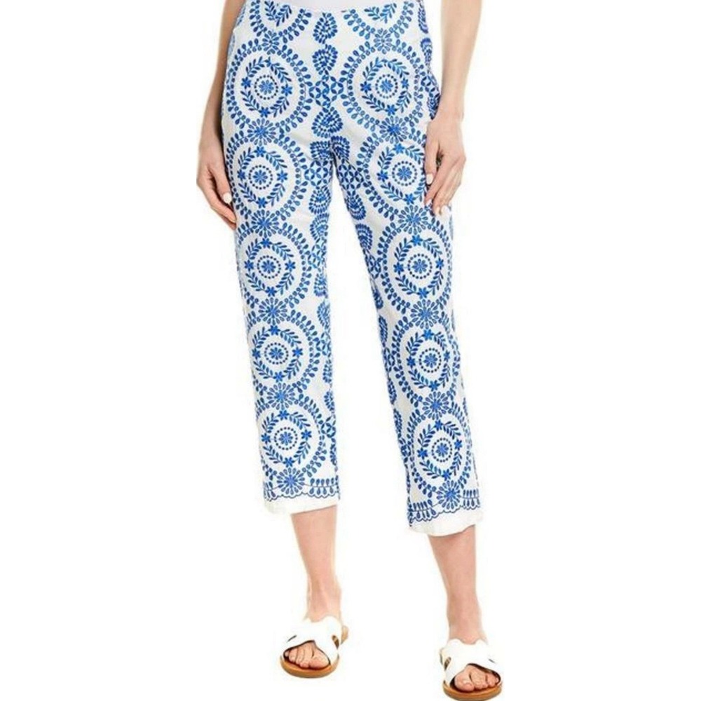Jude Connally Blue White Embroidered Eyelet Crop Pant Coastal Boho Preppy M USA
